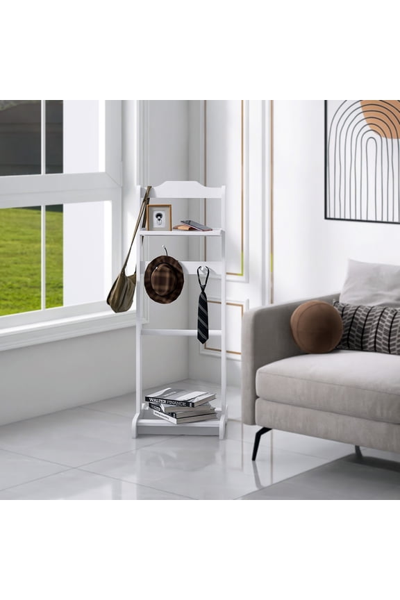 Mens Valet Stand, Wooden Valet Stand with Top Tray, Belt Hooks & Cloth Hanger, Freestanding Garment Rack for Bedroom, Living Room, Office, Entryway,White