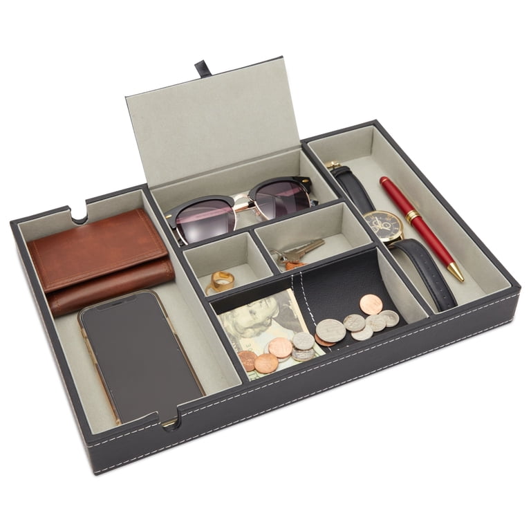 Juvale Nightstand Organizer Tray - 14 x 10 x 1.5 in, Black Faux Leather -  Valet Tray for Men with 6 Compartments for Watch, Jewelry & Keys