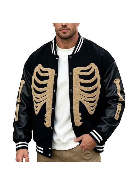 Men's Skeleton Varsity Jacket Halloween Letterman Style with PU Leather Sleeves Black XXXL