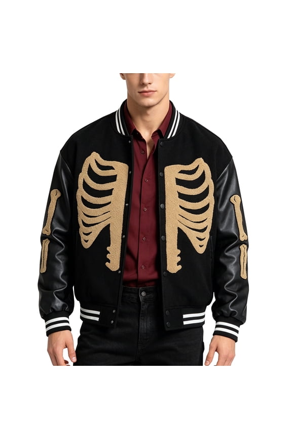Mens Varsity Jacket Skeleton Bomber Letterman Coat Streetwear with PU Leather Sleeves Black XXL