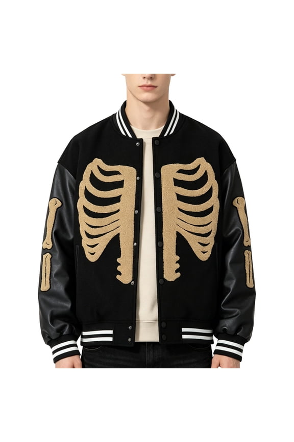 Mens Varsity Jacket Skeleton Bomber Letterman Coat Streetwear with PU Leather Sleeves Black XXXL
