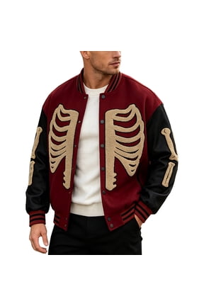 Men's Skeleton Varsity Jacket Halloween Letterman Style with PU Leather Sleeves Maroon XXXL