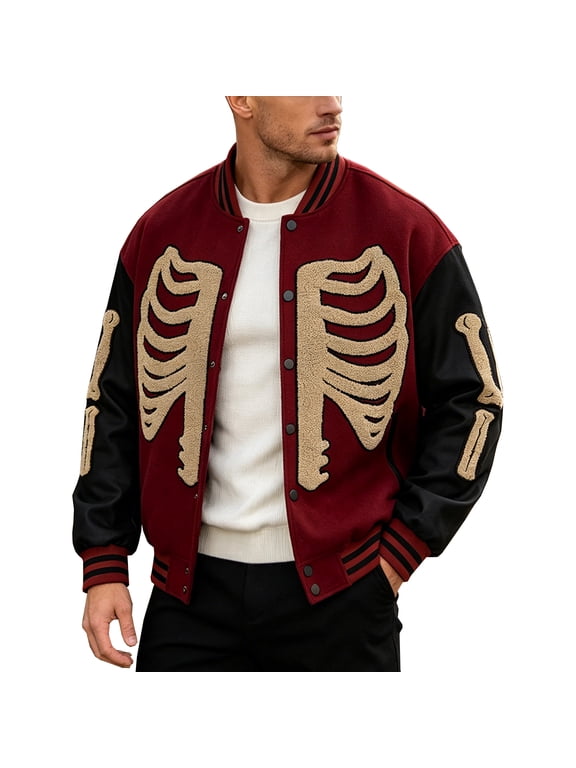 Men's Skeleton Varsity Jacket Halloween Letterman Style with PU Leather Sleeves Maroon XXXL