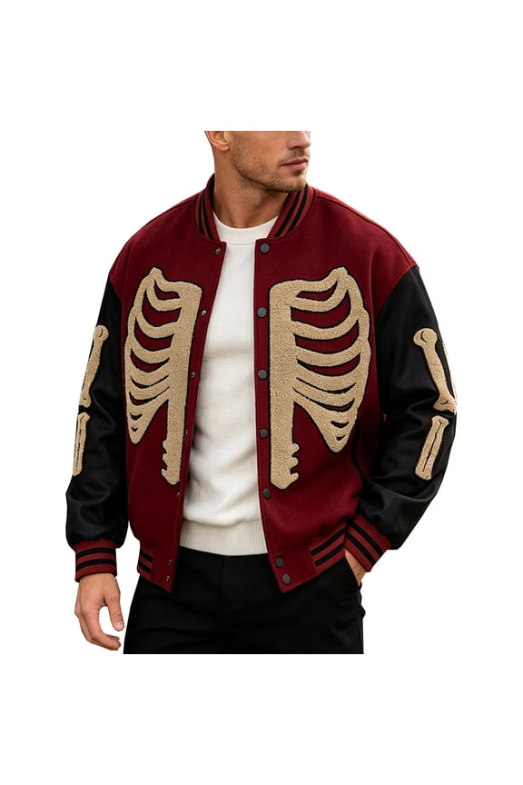 Men's Skeleton Varsity Jacket Halloween Letterman Style with PU Leather Sleeves Maroon XXXL