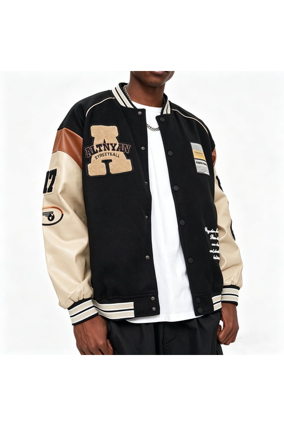 Mens Varsity Bomber Jacket Baseball Letterman Coat Vintage PU Sleeves Streetswear Black L