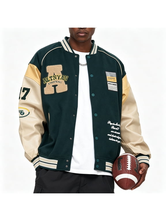 Mens Varsity Bomber Jacket Baseball Letterman Coat Vintage PU Sleeves Streetswear Green L