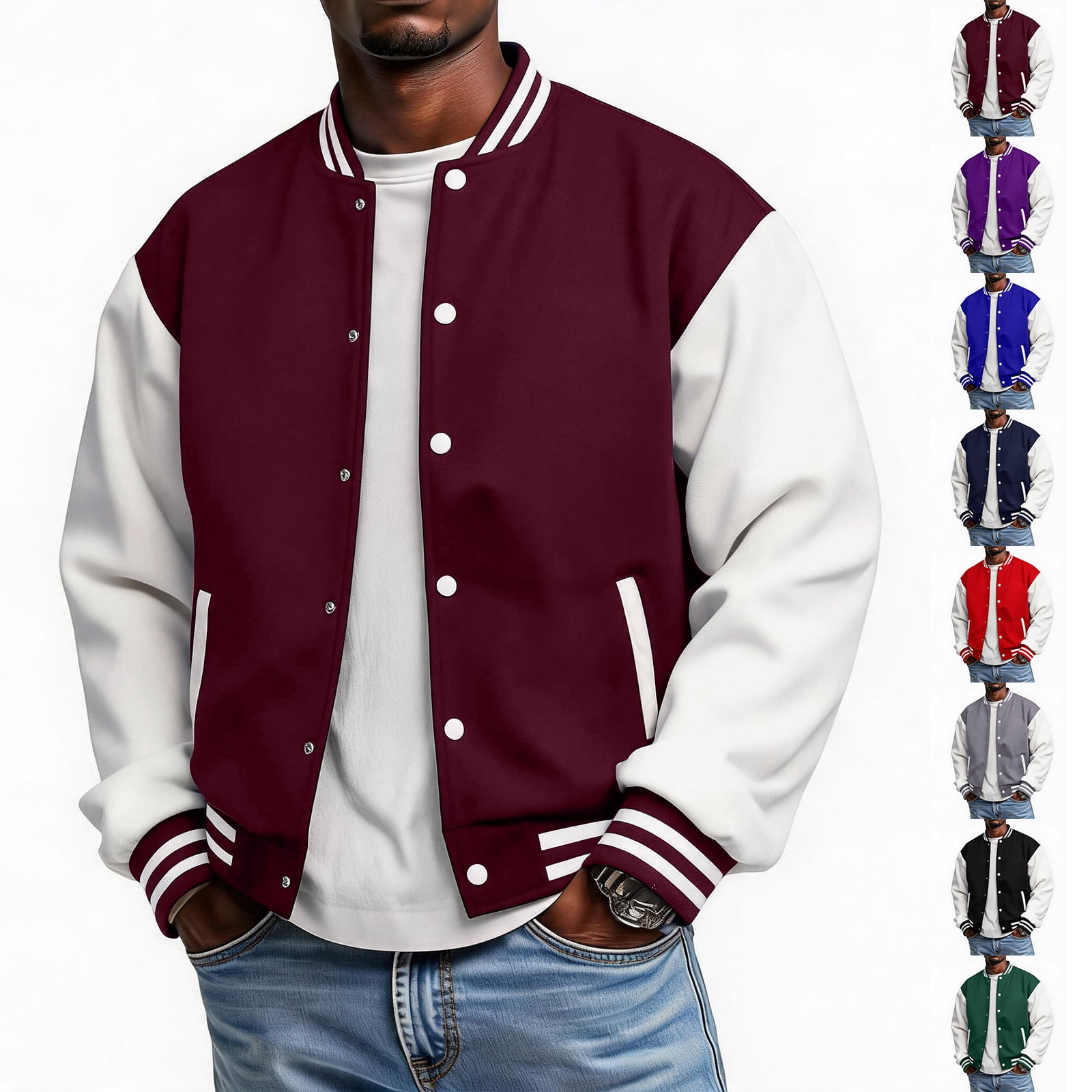Spring Color Buttons For Crafts Mens Varsity Jacket Color Block Baseball Letterman Jacket Button Front ...