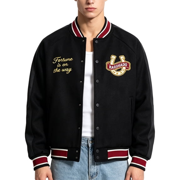 RAOENJADO Mens Varsity Jacket Retro Bomber Baseball Letterman Coat with Horseshoe Embroidery