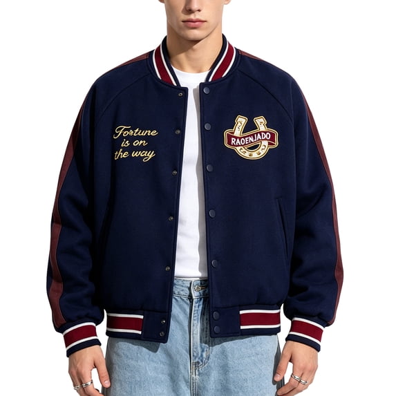 RAOENJADO Mens Varsity Jacket Retro Bomber Baseball Letterman Coat with Horseshoe Embroidery Navy Blue M