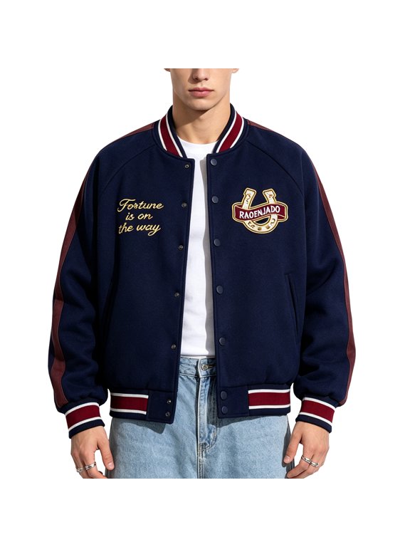 Mens Varsity Jacket Retro Bomber Baseball Letterman Coat with Horseshoe Embroidery Navy Blue XXXL