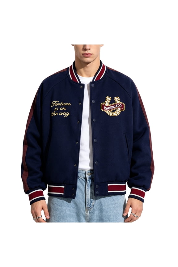 Mens Varsity Jacket Retro Bomber Baseball Letterman Coat with Horseshoe Embroidery Navy Blue XL