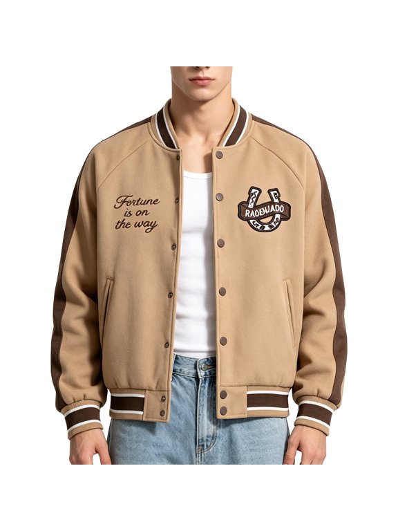 Mens Varsity Jacket Retro Bomber Baseball Letterman Coat with Horseshoe Embroidery Khaki XXXL