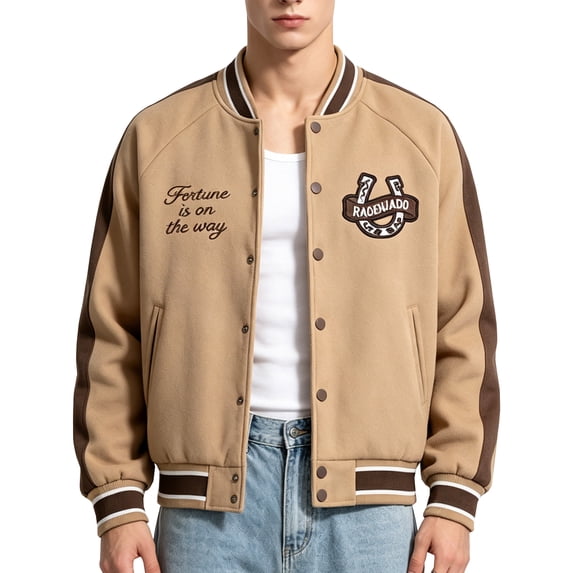 RAOENJADO Mens Varsity Jacket Retro Bomber Baseball Letterman Coat with Horseshoe Embroidery Khaki XL