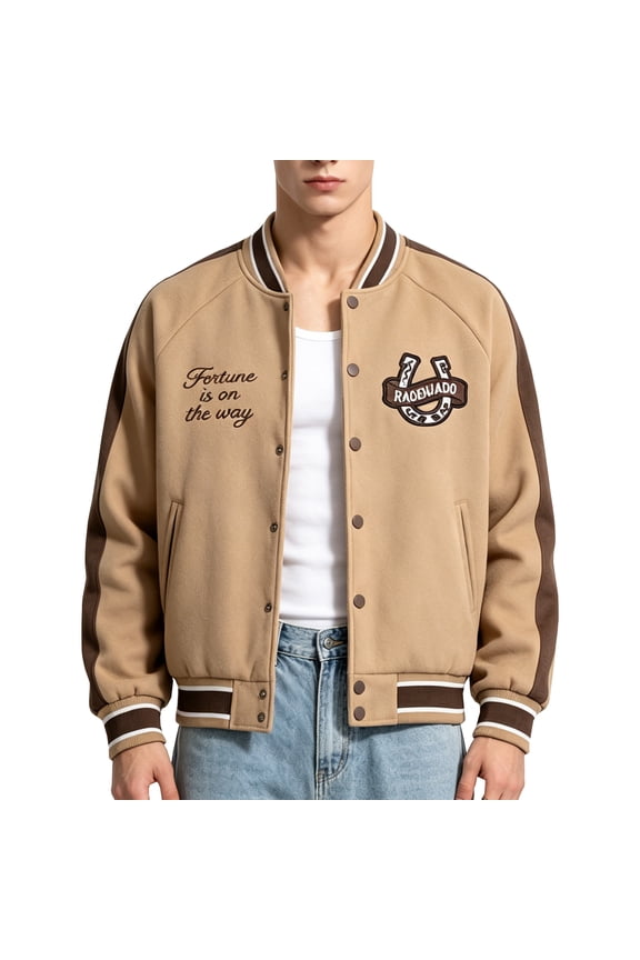 Mens Varsity Jacket Retro Bomber Baseball Letterman Coat with Horseshoe Embroidery Khaki M