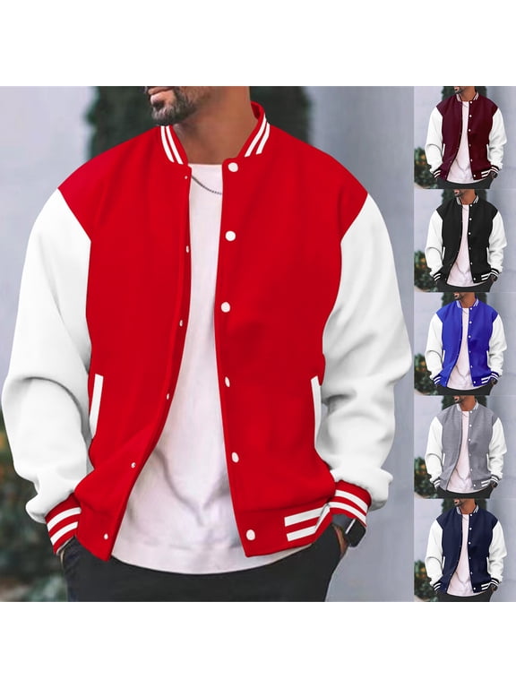 Mens Varsity Letterman Jacket Baseball Bomber Jackets Button Color Block College High School Jackets Red XXXL