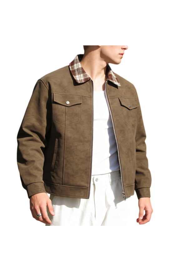 Mens Varsity Racer Jacket PU Leather Vintage Bomber Motorcycle Coat Streetwear Brown L