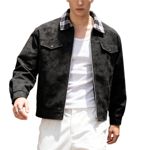 RAOENJADO Mens Varsity Racer Jacket PU Leather Vintage Bomber Motorcycle Coat Streetwear