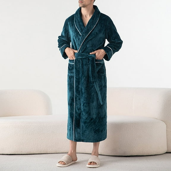 Mens Velvet Fleece Nightgown Long Bathrobe Comfort Casual Plush Soft Spa Robe Long Sleeve Thermal Sleepwear Fall Winter Loungewear with Pockets