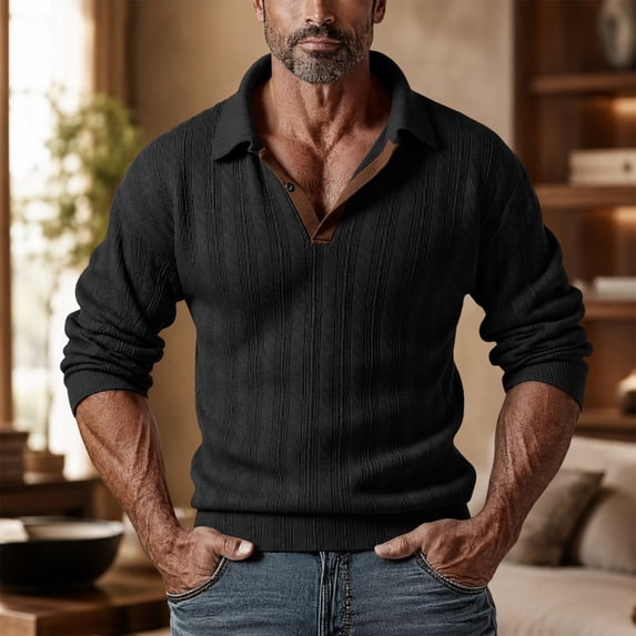 Mens Vertical Striped Knit Polo Sweater, Single Button Lapel V Neck Long Sleeve Solid Pullover for Fall Daily Street Style Black L