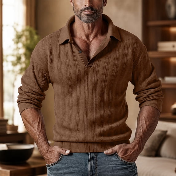 Mens Vertical Striped Knit Polo Sweater, Single Button Lapel V Neck Long Sleeve Solid Pullover for Fall Daily Street Style Coffee XXL