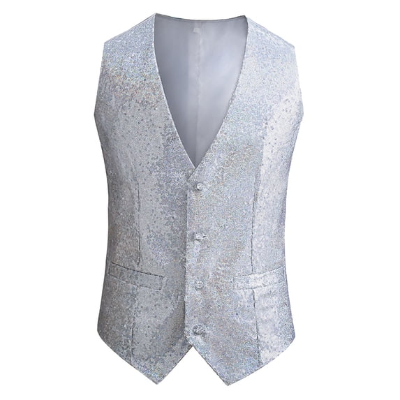 Mens Vest, Awwp Sequined Formal Suit Vest Fit for Business Or Casual Dress Vests for Men Silver L