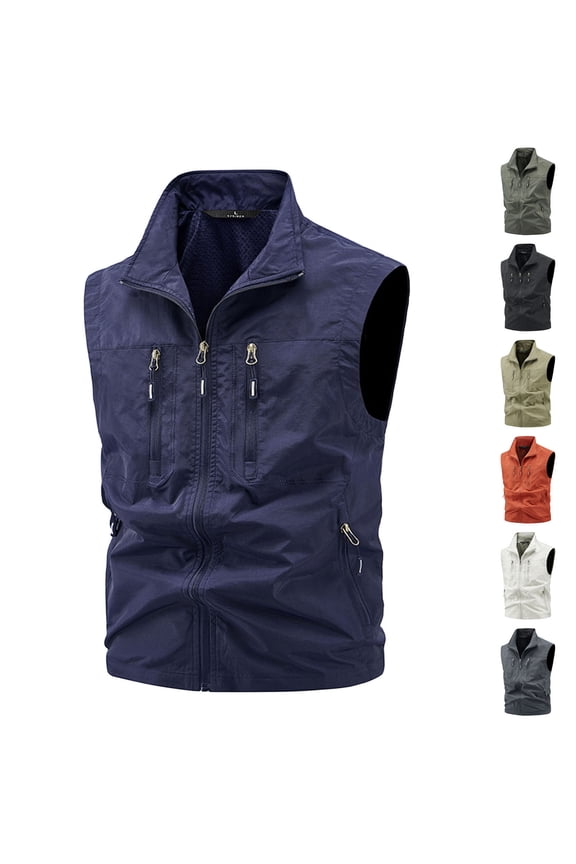 Mens Vest Cargo Jackets Men's Big&Tall Workout Jacket Standing Collar Multi-Pockets Outdoor Coat Black M