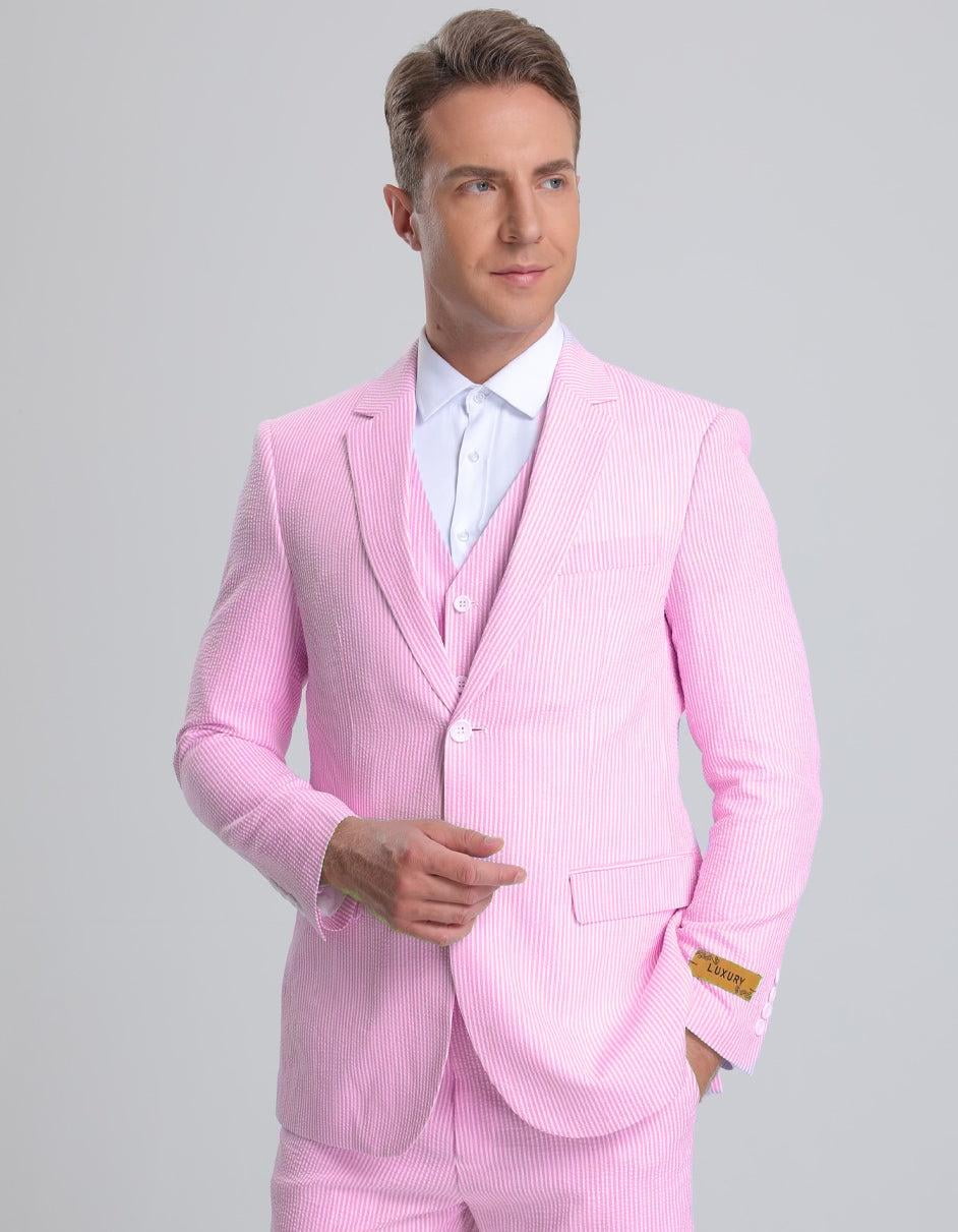 Men's Light Blue and White Stripe ~ Pinstripe Seersucker Sear sucker suit Vest Set main image 0