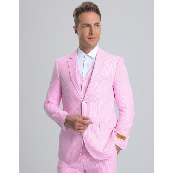 Mens Vested Summer Seersucker Suit in Pink Pinstripe