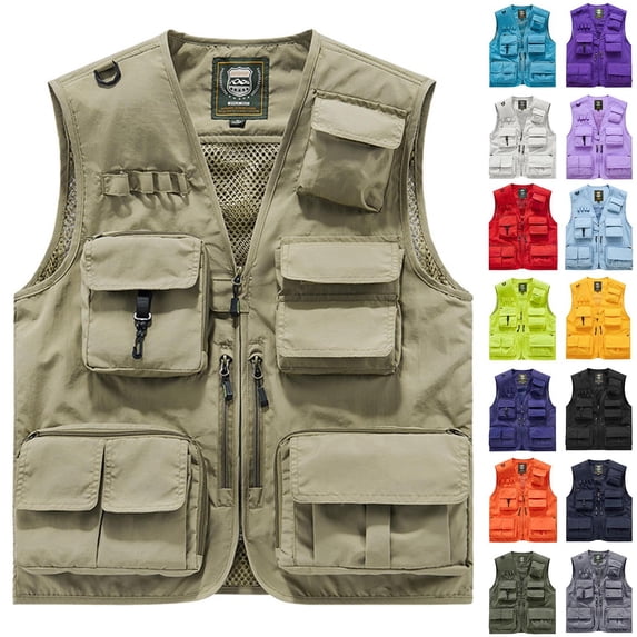 Mens Vests Cargo Outdoor Work Safari Hunting Fishing Travel Photo Mesh Waistcoat Vest Gilet Multi Pockets Red XXXXL