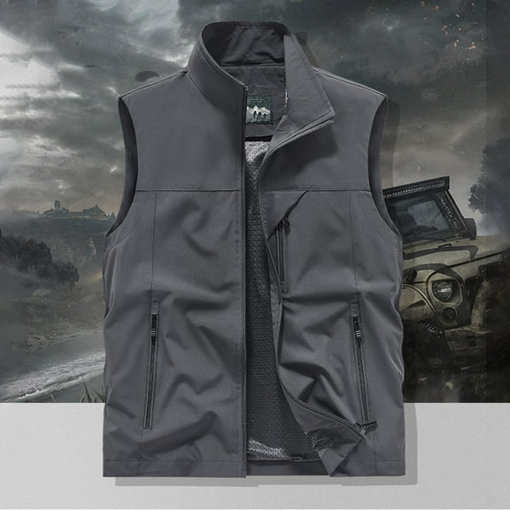 Mens Vests Casual Mens Solid Fishing Vest Full Zip Sleeveless Casual Outerwear Jacket Outdoors Work Travel Photo Vest with Multi Pockets Mens Jackets Grey M