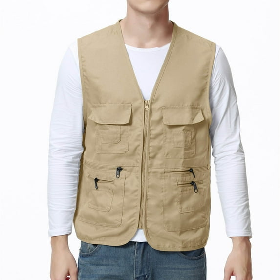 Mens Vests Casual Qiggri Men Solid Color Convenient Workwear Outdoor Zipper Multi-Pocket V-Neck Tank Top Vest For Men