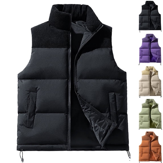 Mens Vests Dqueduo Men's Thick Corduroy Color-Block Sleeveless Outdoor Jacket – Windproof Zip Vest Black L