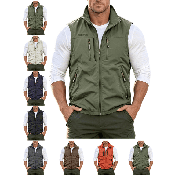 Mens Vests Lightweight Breathable Utility Zip Up Vest with Multi Pockets Casual Outerwear Windproof Softshell Sleeveless Jacket