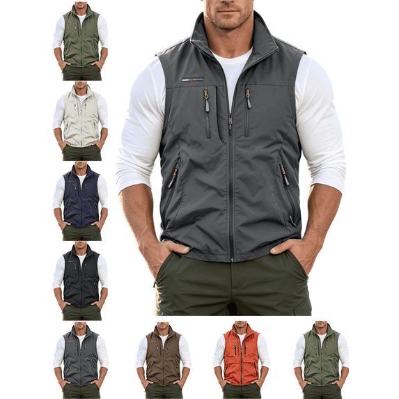 Mens Vests Lightweight Breathable Utility Zip Up Vest with Multi Pockets Casual Outerwear Windproof Softshell Sleeveless Jacket