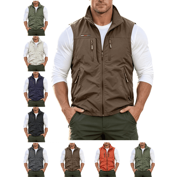 Mens Vests Lightweight Breathable Utility Zip Up Vest with Multi Pockets Casual Outerwear Windproof Softshell Sleeveless Jacket