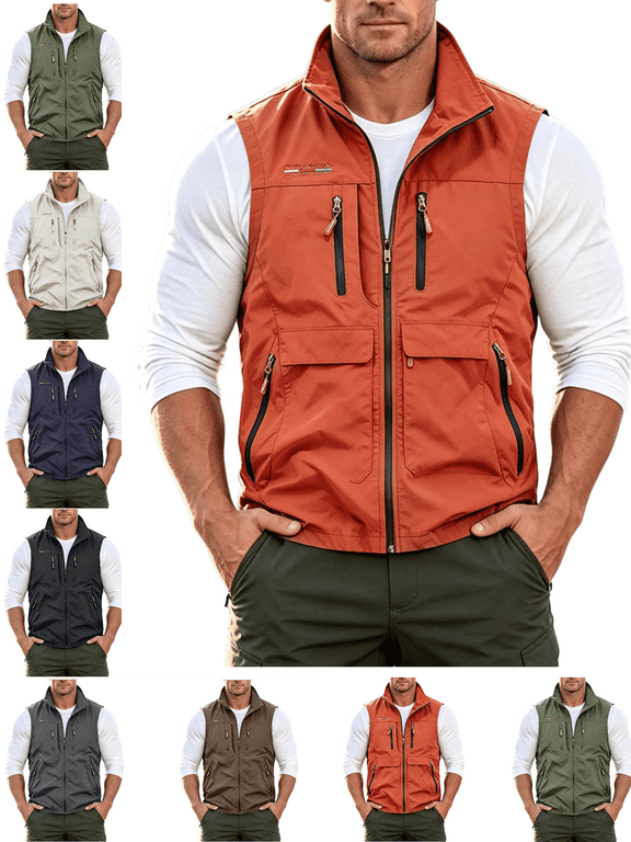 Mens Vests Lightweight Breathable Utility Zip Up Vest with Multi Pockets Casual Outerwear Windproof Softshell Sleeveless Jacket