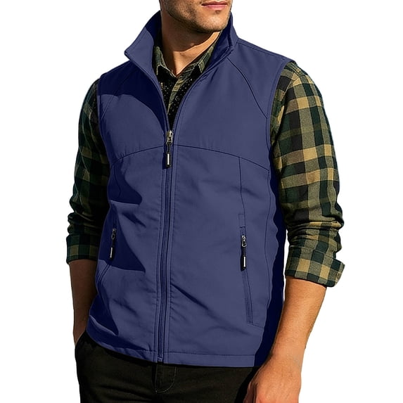 Mens Vests Outerwear Windproof Lightweight Softshell Vests Zip Pockets Sports Sleeveless Jacket Golf Vests for Men Big and Tall Size S-6XL Dark Blue