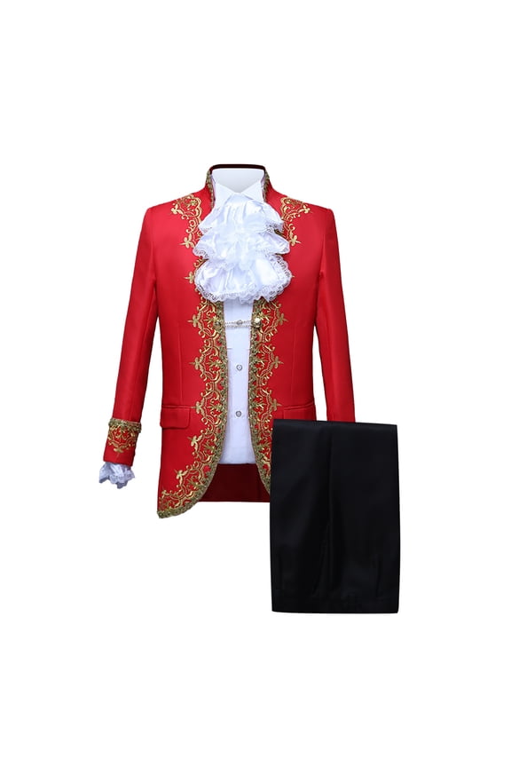Mens Victorian Costume Suit Party Fancy Dress Coats Jackets and Pants Medieval Prince Palace Stage Cosplay Outfit Set Inlaid Gold Flower Red