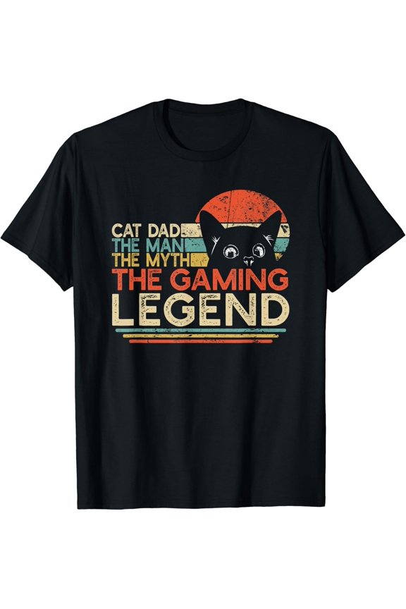 Mens Video Game Player Cat Dad Man Myth Gaming Legend Gamer T-Shirt Size S-5XL