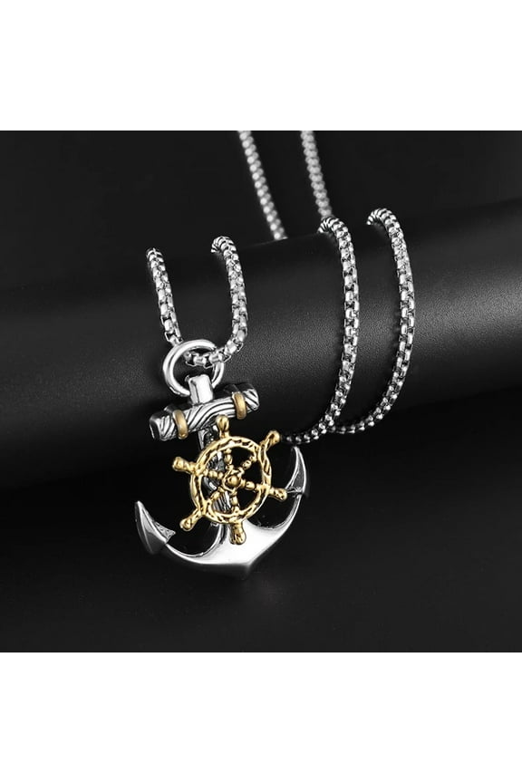 Mens Vintage 14K White Gold Necklace Navy Pirate Anchor Golden Silver ColorPendant Ship Rudder Punk Jewelry Gift
