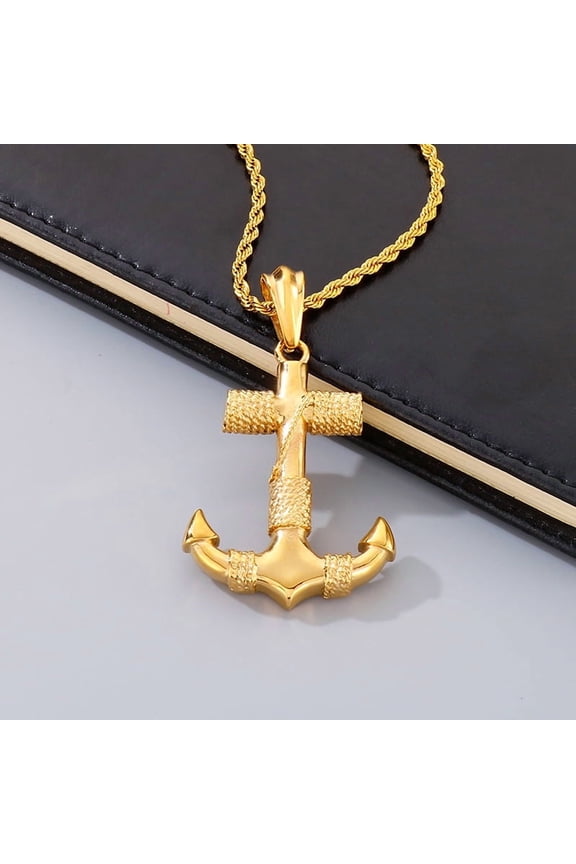 Mens Vintage 14K Yellow Gold Necklace Navy Pirate Anchor Pendant Ship Rudder Punk Jewelry Gift