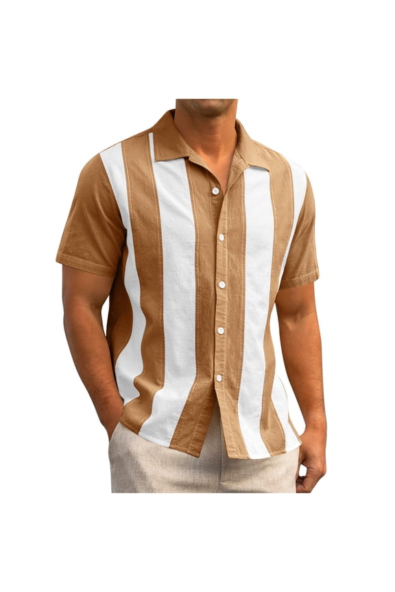 Mens Vintage 70S Shirts Retro Contrast Color Striped Button Down Cuban Collar Summer Causal Polo Shirt