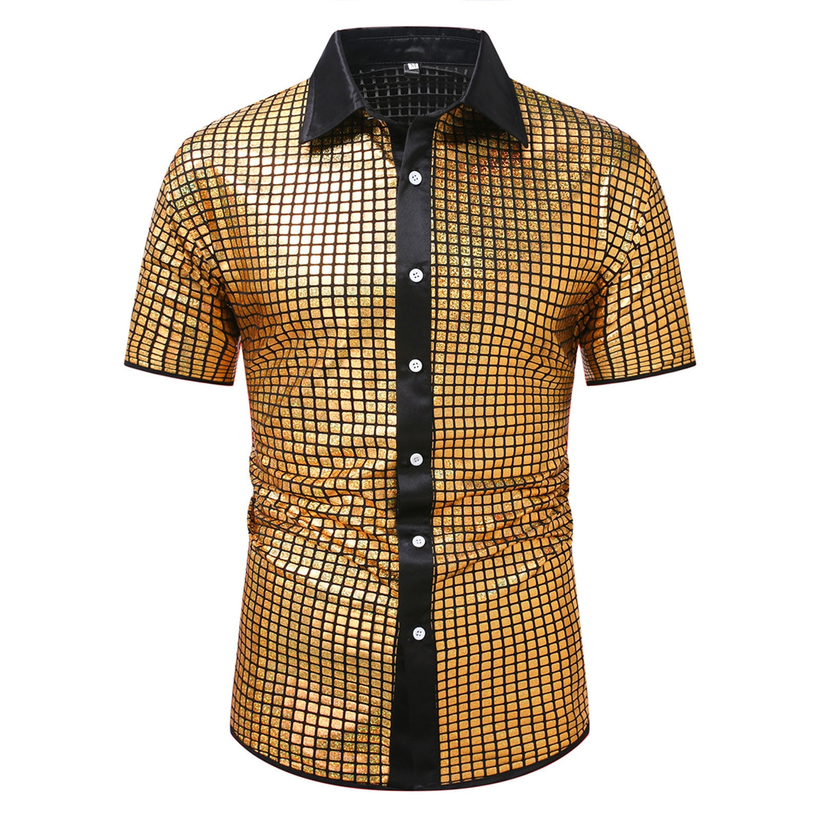 Mens Vintage 70s T Shirt Short Sleeve Sequin Button Down Top Fashion V ...