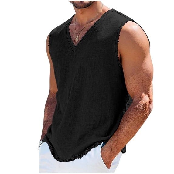 Mens Vintage Beach T-Shirt Linen Summer Travel Outfits V-Neck Sleeveless Hawaiian Swim Tank Tops Fathers Gift