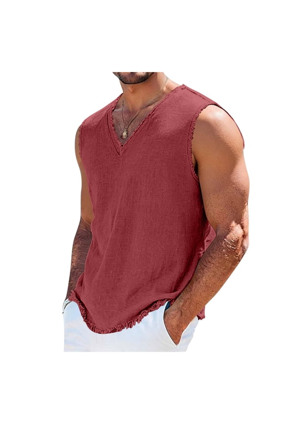 Mens Vintage Beach T-Shirt Linen Summer Travel Outfits V-Neck Sleeveless Hawaiian Swim Tank Tops Fathers Gift