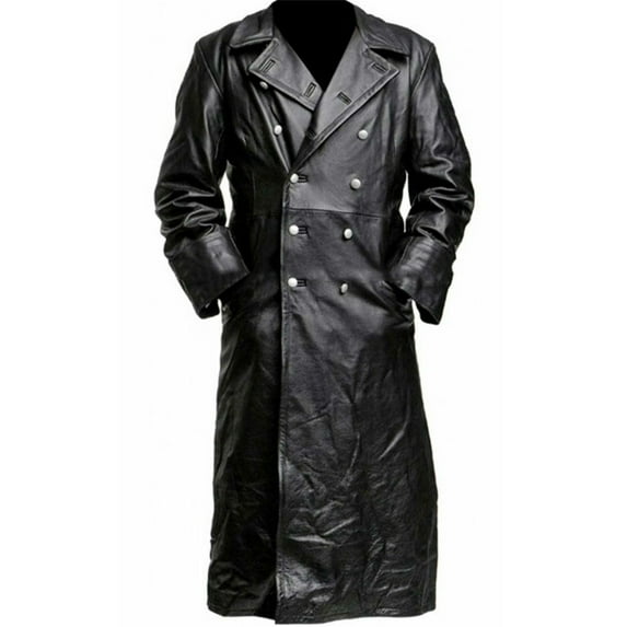 Mens Vintage Black Leather Trench Coat Long Steampunk Overcoat Classic Officer Military Uniform Coat Long Motorcycle Jacket