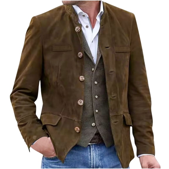 Mens Vintage Blazer Jacket Single Breasted Stylish Work Business Casual Suit Jackets Sports Coat Long Sleeve (Large, Brown)