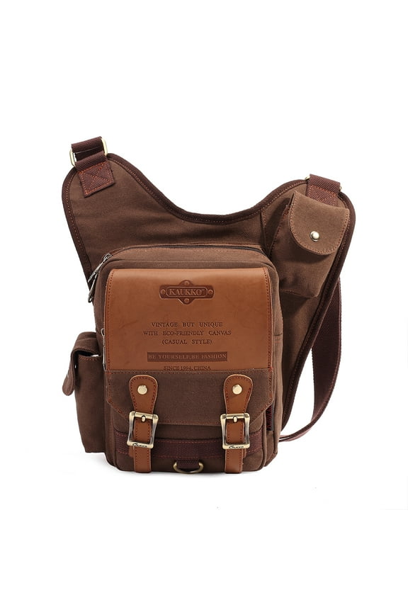 Mens Vintage Canvas Shoulder Messenger Bag Chest Leather Patchwork Messenger Bag(COFFEE)