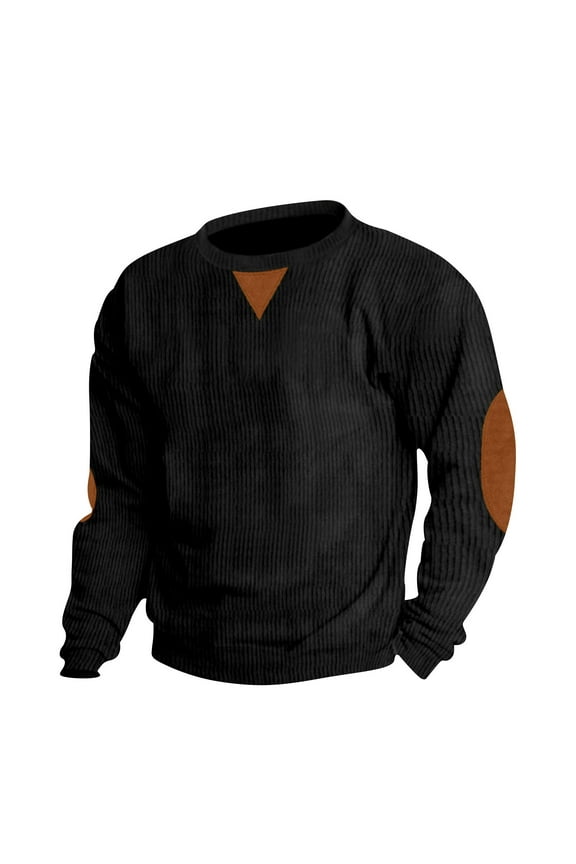Mens Vintage Corduroy Shirts Colorblock Long Sleeve Pullover Crewneck Sweatshirts with Elbow Patches