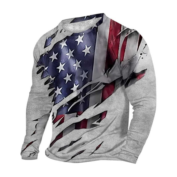 Mens Vintage Distressed USA Flag Printed T-Shirt Long Sleeve Slim Fit Patriotic Shirts Veterans Day 4th of July Tops